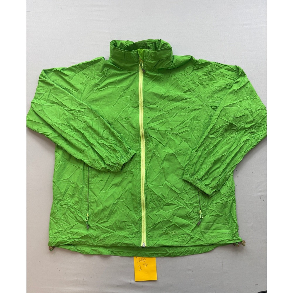 Cabelas Mens Large Lime Green Lightweight Full Zip Packable Hood Windbreaker